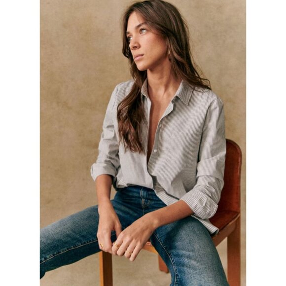 Sezane Tomboy Shirt Stripes Ecru Blue Button Down Casual french 36 Small - Picture 1 of 16